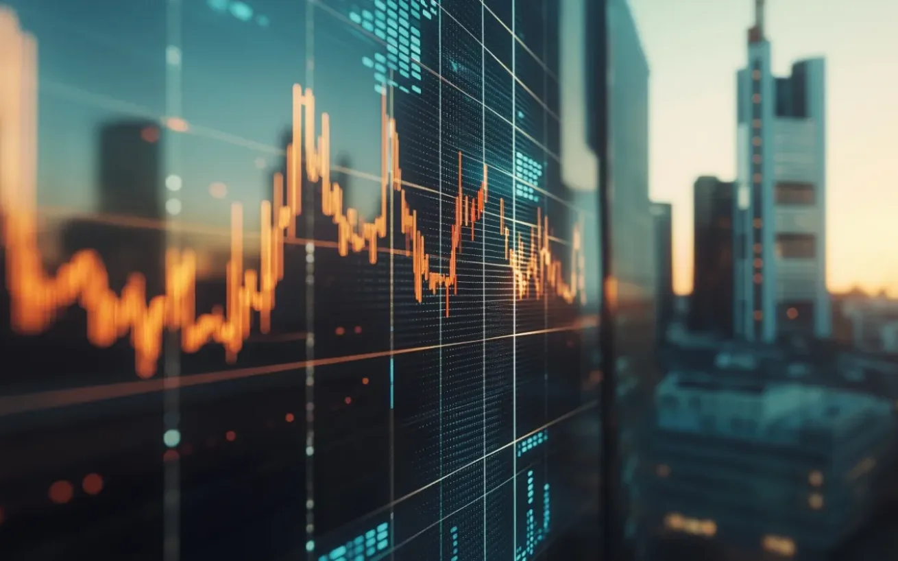 Trading monitor displaying live financial data in the foreground, with the blurred skyline of Frankfurt in the background.