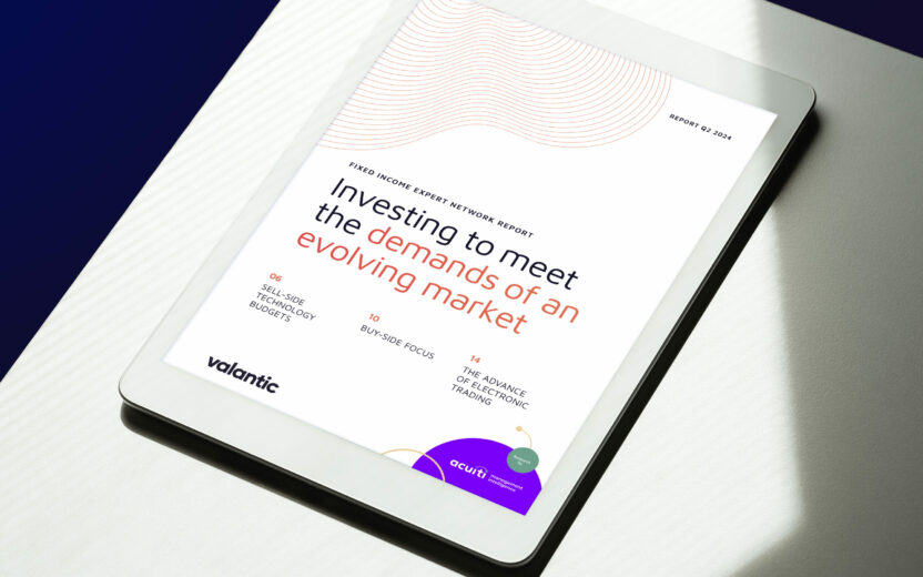 White tablet displaying the title page of valantic FSA's Fixed Income Expert Network Report. The report title is 'Investing to Meet the Demands of an Evolving Market'.