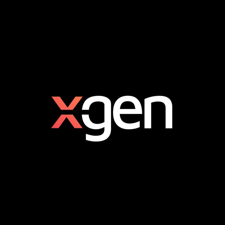 x-gen logo. x in orange, gen in white on black background