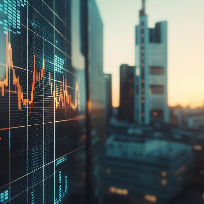 Trading monitor displaying live financial data in the foreground, with the blurred skyline of Frankfurt in the background.