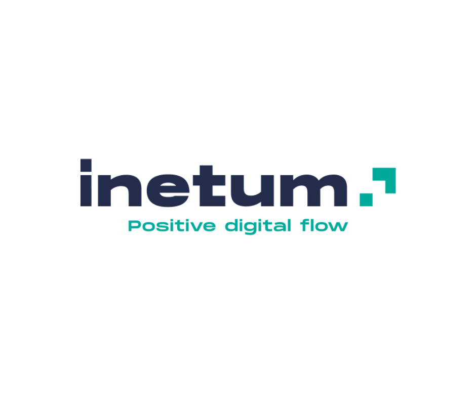 The Inetum logo features "inetum" in lowercase dark blue text with "positive digital flow" beneath it in lowercase turquoise text. A turquoise square shape is positioned near the top right of the text, evoking a modern feel akin to the OutSystems NextStep Experience aesthetic.