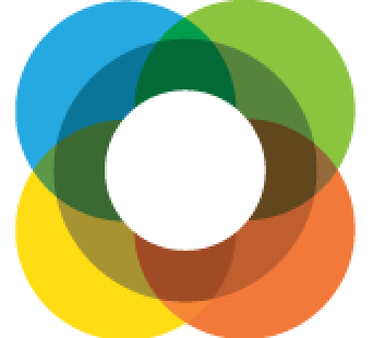 Überlappende farbige Kreise, die in einem blumenähnlichen Muster angeordnet sind. Jeder Kreis hat eine andere Farbe: blau, grün, gelb und orange, wobei überlappende Abschnitte zusätzliche Farben bilden.
