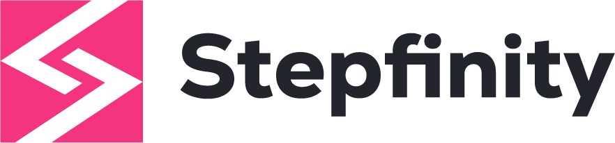 Logo of Stepfinity, featuring a stylized arrow design in pink on the left and the word "Stepfinity" in black to the right, reminiscent of the OutSystems NextStep Experience.