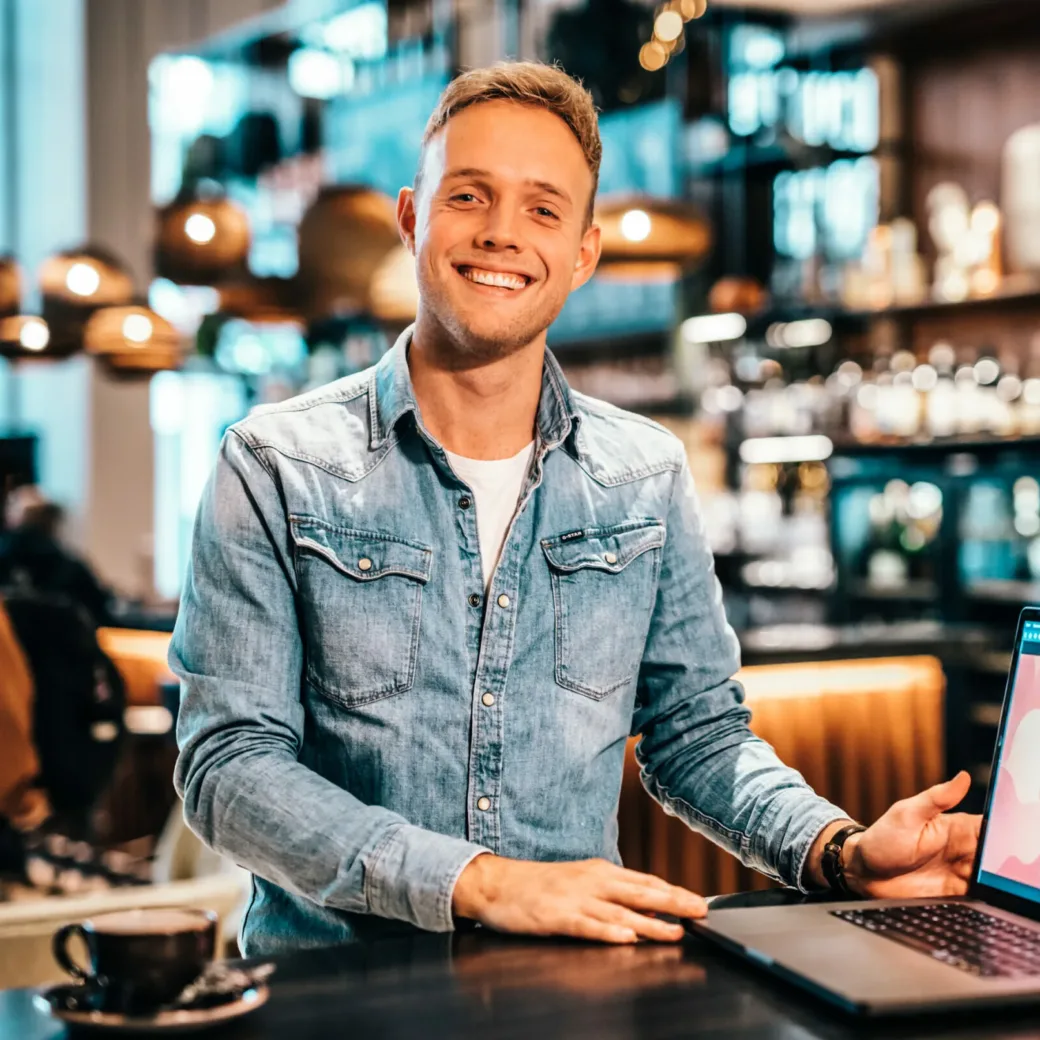 Een persoon die een spijkerblouse draagt, glimlacht terwijl hij aan een tafel staat met een open laptop in een helder verlicht café. Er wordt een kopje koffie op tafel gezet.