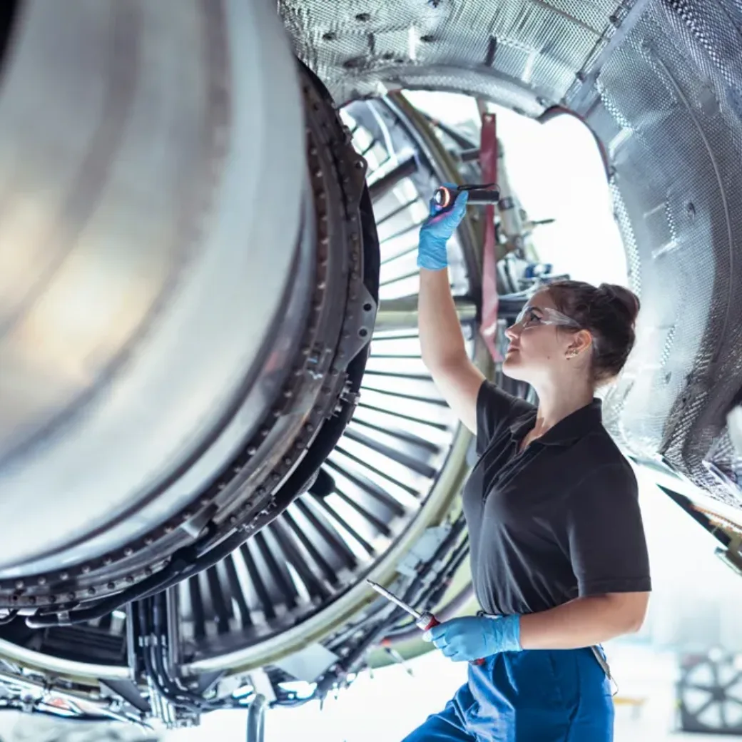 Foto einer weiblichen Auszubildenden zum Flugzeugwartungstechniker arbeitet unter einem Triebwerk in einem Hangar