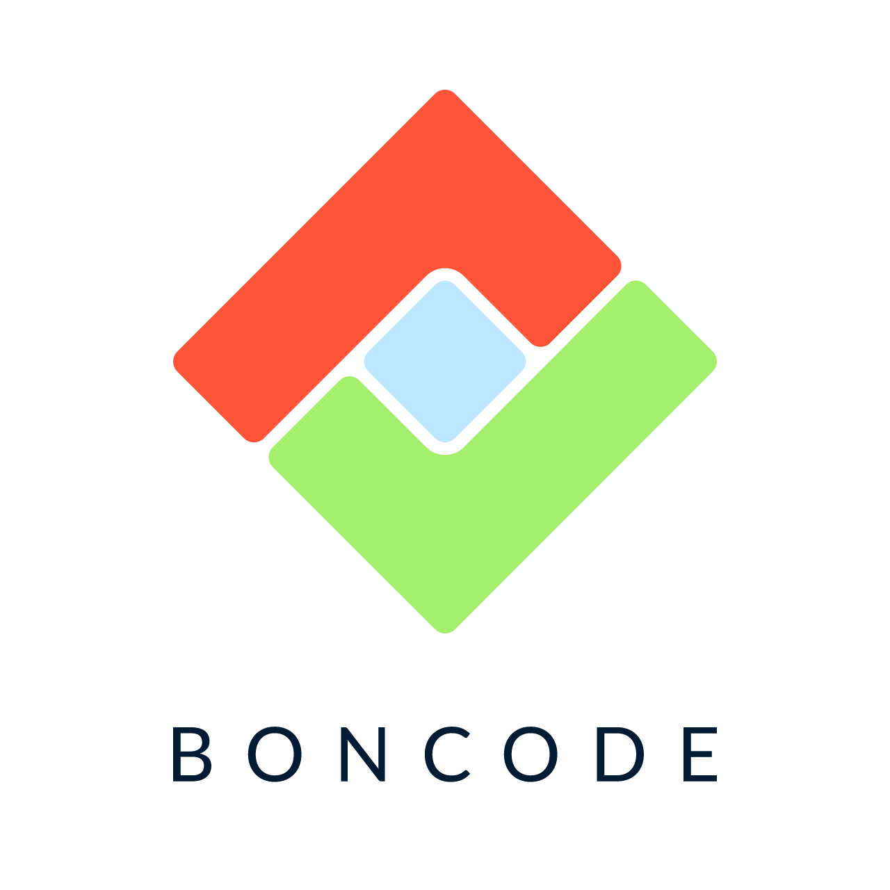 A logo featuring overlapping red and green geometric shapes with a small blue diamond in the center and the text "BONCODE" below, embodying the innovative spirit of the OutSystems NextStep Experience.