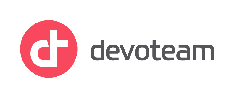 Devoteam logo featuring a lowercase "d" and "t" interlinked in white against a red circular background, followed by the word "devoteam" in lowercase gray text – a symbol representing their commitment to innovation, as showcased at the OutSystems NextStep Experience.