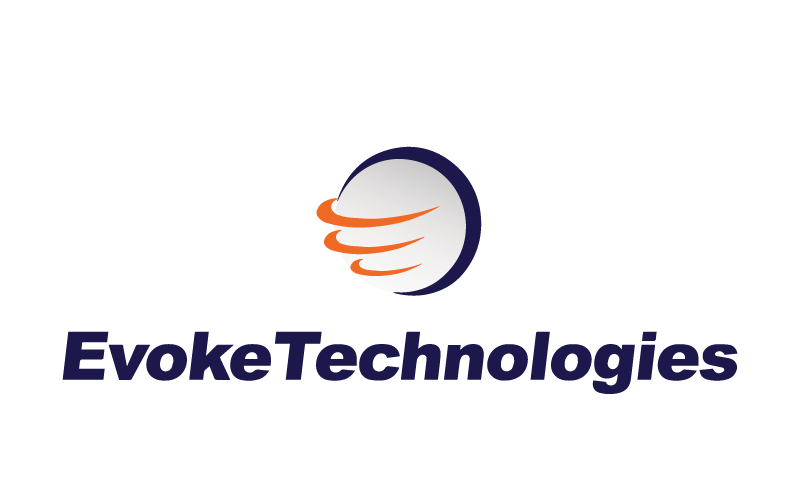 Logo of Evoke Technologies, featuring swirling orange lines around a gradient sphere above the company name in bold blue text, encapsulating their OutSystems NextStep Experience.