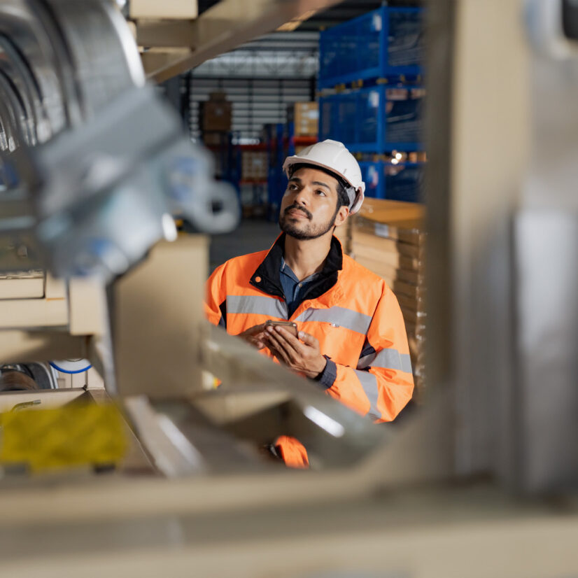 Young man industrial engineer wearing a white helmet while check the welding on the production line in the factory.