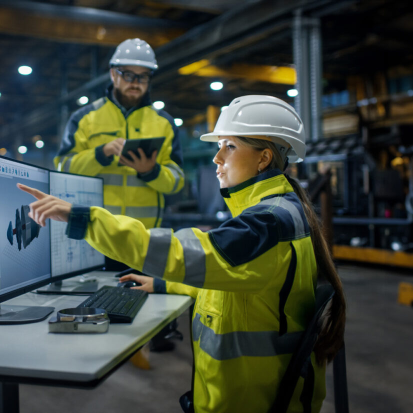 Inside the Heavy Industry Factory Female Industrial Engineer Works on Personal Computer She Designs 3D Engine Model, Her Male Colleague Talks with Her and Uses Tablet Computer