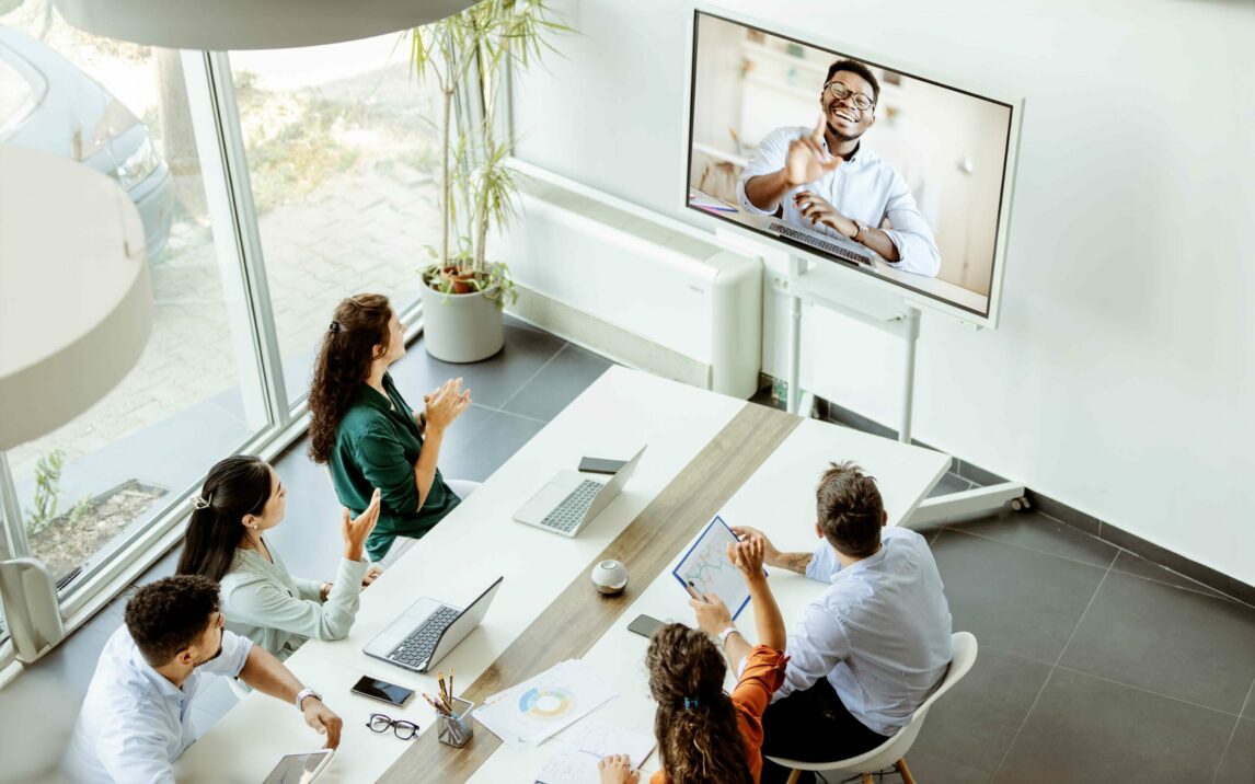 Online video conference webinar meeting in the modern office