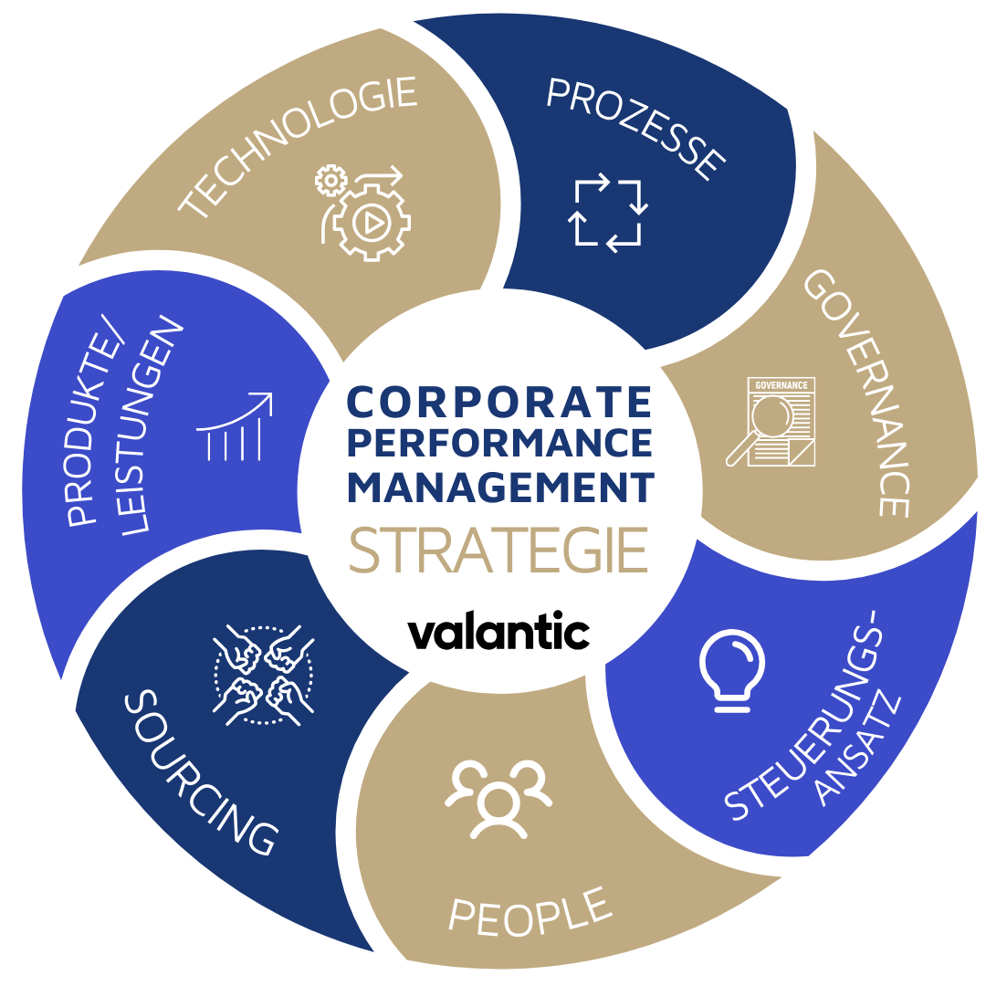 Sieben Bestandteile einer Corporate Performance Management (CPM) Strategie in einer Grafik zusammengestellt: Technologie, Prozesse, Governance, Steuerungsansatz, People, Sourcing und Produkte/Leistungen
