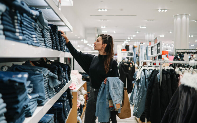 A woman wearing a black sweater and jeans holds a pair of jeans while browsing a stack of folded jeans in a clothing store.