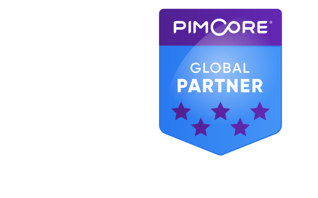 A badge displaying the Pimcore logo with the text "Global Partner" and five purple stars underneath.