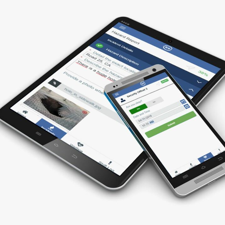 A tablet and a smartphone displaying a report interface for hazard reporting and daily safety check, with fields for description, photo attachment, and officer's name, date, and time.