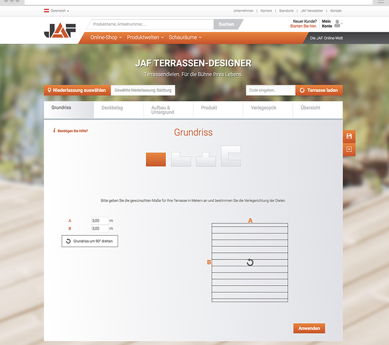 Screenshot des neuen JAF-Terrasse-Konfigurator Anmeldeformular