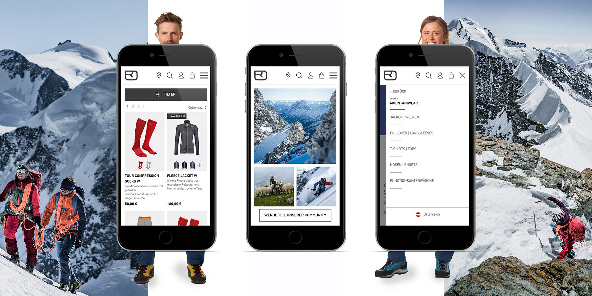 Drei Bergsteiger erklimmen schneebedeckte Berge. Vorne zeigen drei Smartphones eine Bekleidungs-App mit Optionen wie Jacken, Hosen und Socken. Im Hintergrund ist weitere Berglandschaft zu sehen.