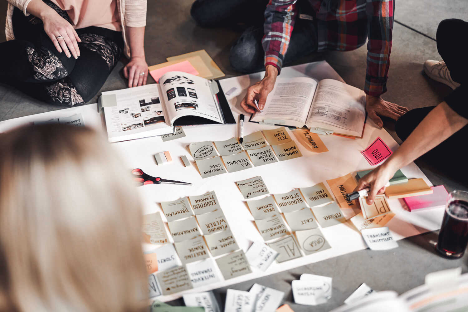 Vier Personen sitzen auf dem Boden um ein großes Blatt Papier herum, das mit Haftnotizen, offenen Büchern und anderen Materialien bedeckt ist, und führen ein gemeinsames Brainstorming durch.