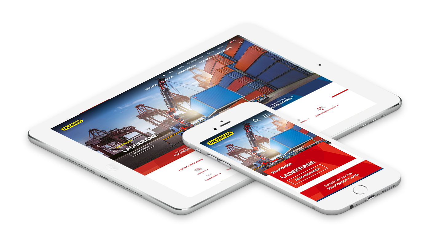 Tablet und Smartphone zeigen eine responsive Website mit einem Bild eines Containerlagerplatzes. Die Website verfügt über eine rote Navigationsleiste und das Logo „Lugerkrane“ oben.