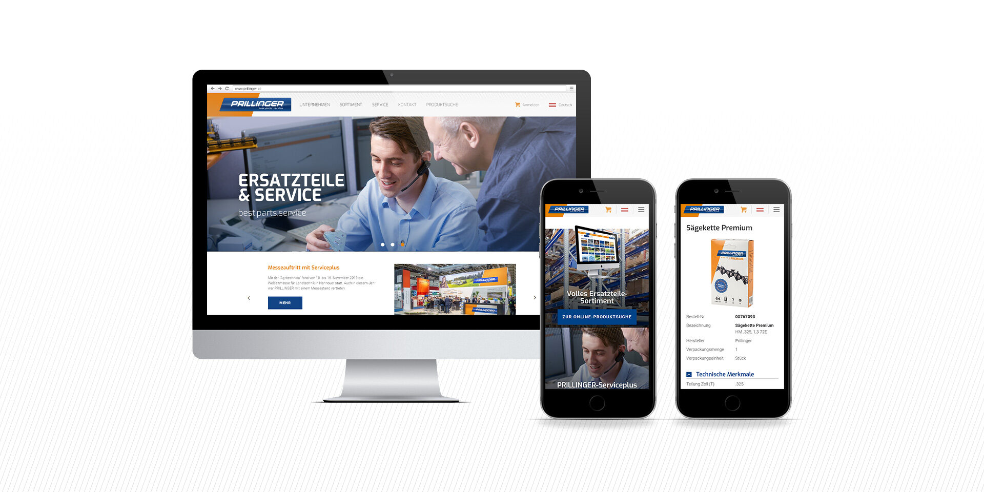 Auf einem Computermonitor, Smartphone und Tablet wird eine Website mit dem Thema „Ersatzteile & Service“ und Produktlisten angezeigt. Die Website ist in den Farben Blau, Weiß und Orange gehalten und zeigt Bilder von Industrieanlagen.