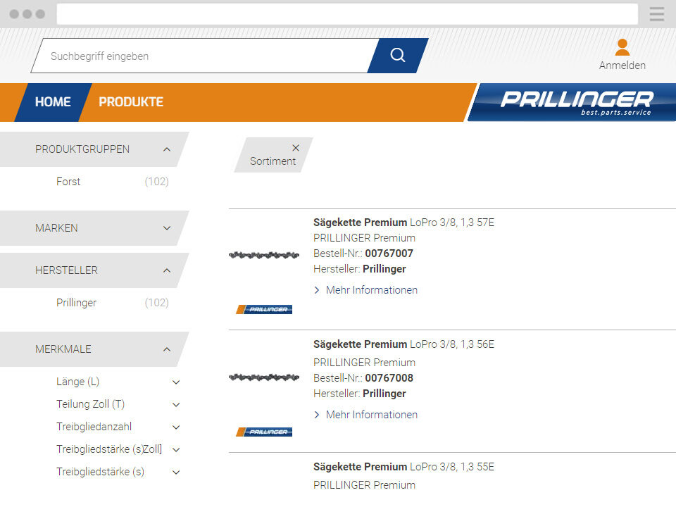 Auf einer Webseite wird eine Produktsuche angezeigt. Darin sind Einträge zu Kettensägenketten von Prillinger mit Produktdetails sowie Optionen zum Sortieren und Filtern der Ergebnisse zu sehen.