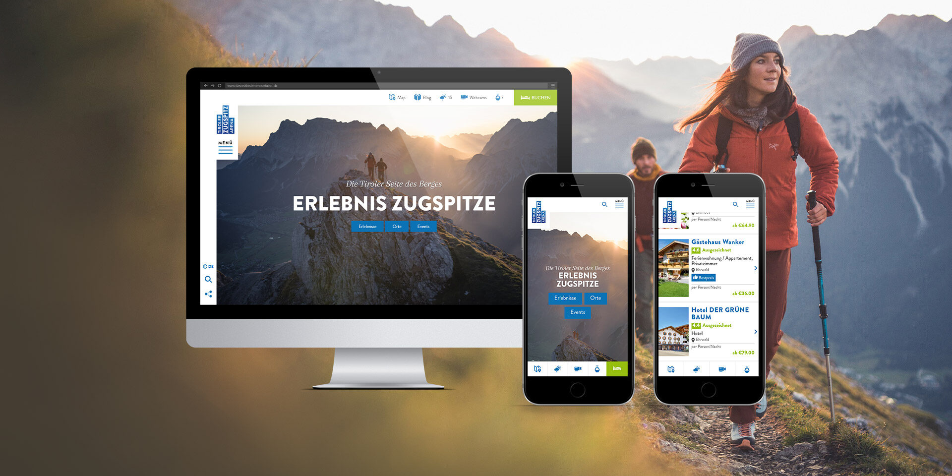 Screenshot der neuen Website von Tiroler Zugspitz Arena auf einem PC & 2 Smartphones.