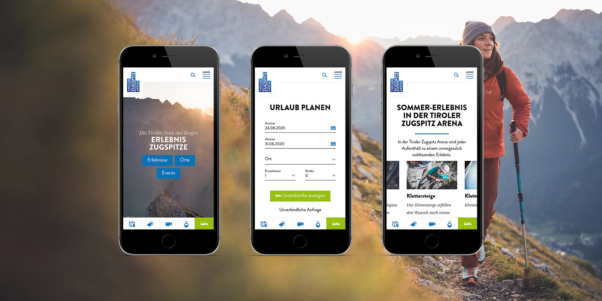 Screenshot der neuen Website von Tiroler Zugspitz Arena auf 3 Smartphones.