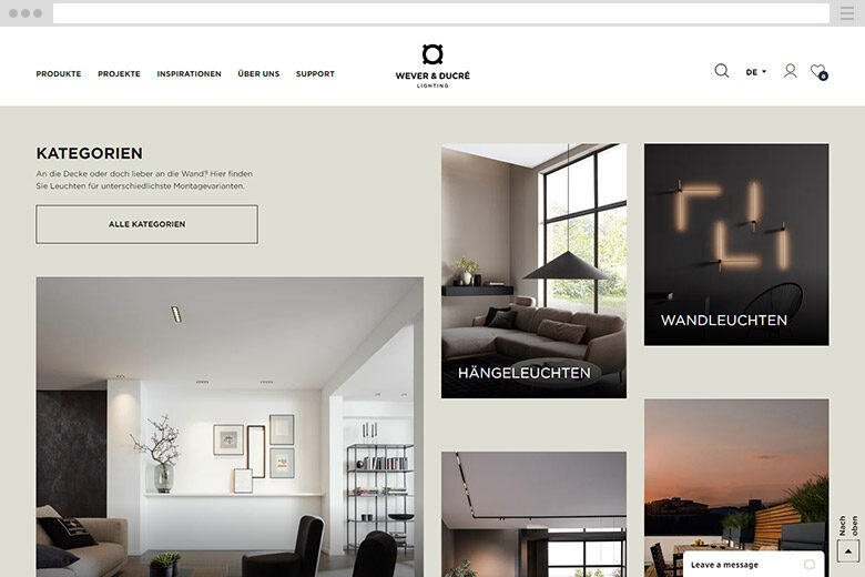 Screenshot der neuen Website vom Designerlampen-Hersteller Wever & Ducré
