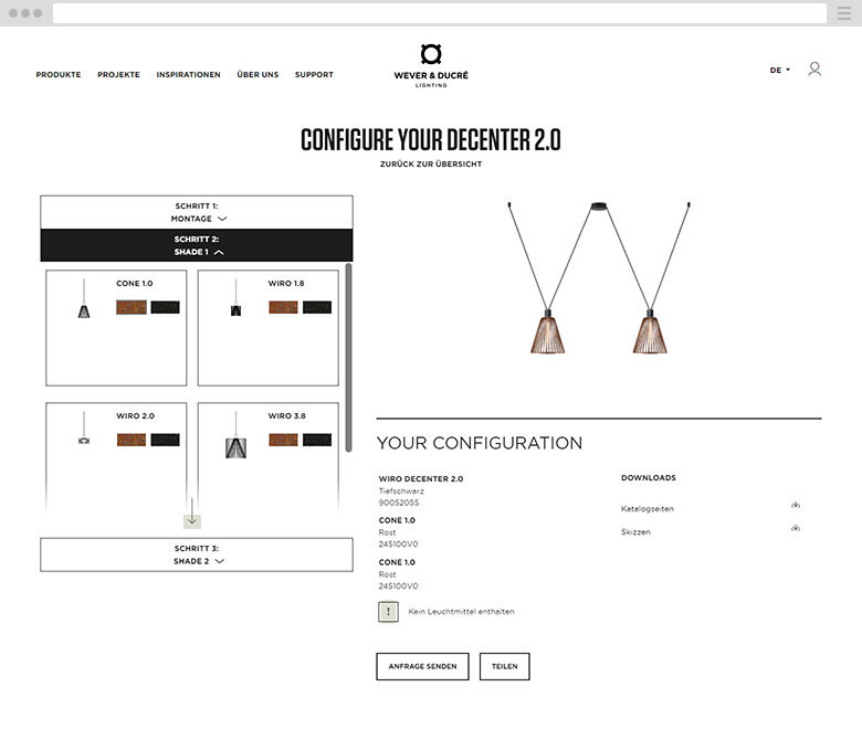 Screenshot der neuen Website vom Designerlampen-Hersteller Wever & Ducré