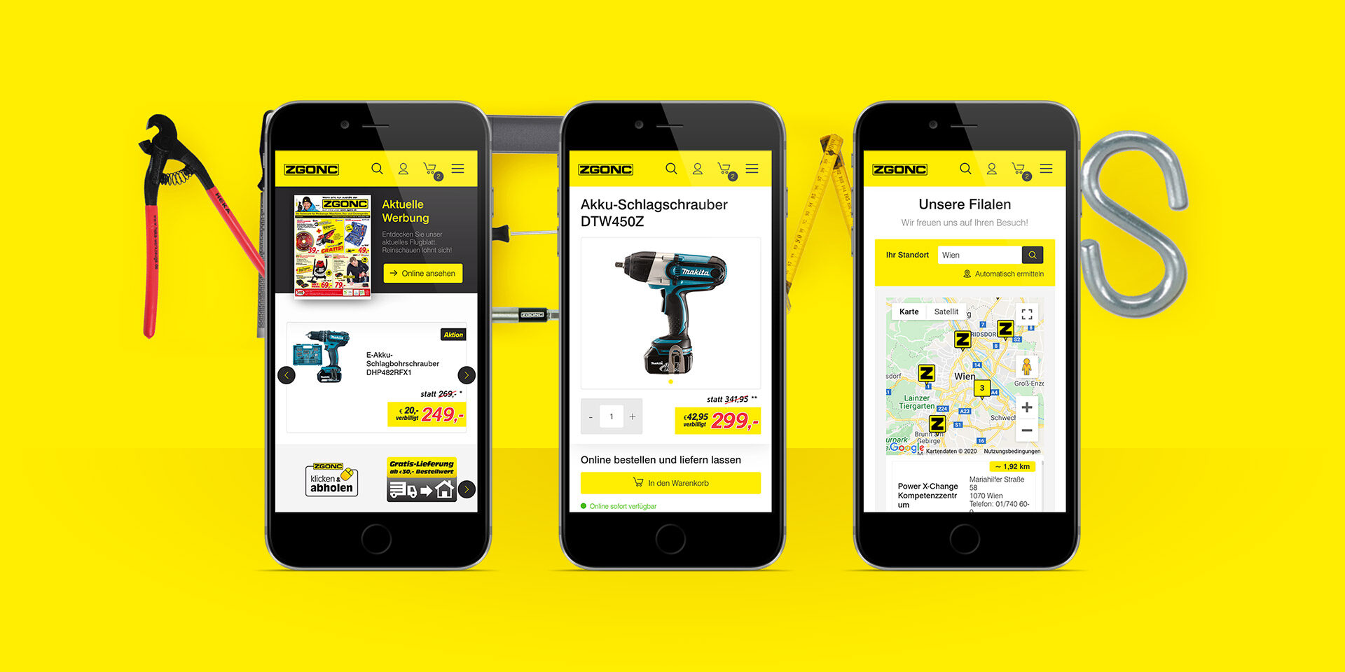 Mockup mit gelbem Hintergrund: Zu sehen ist auf drei Smartphones die neue Website von ZGONC.