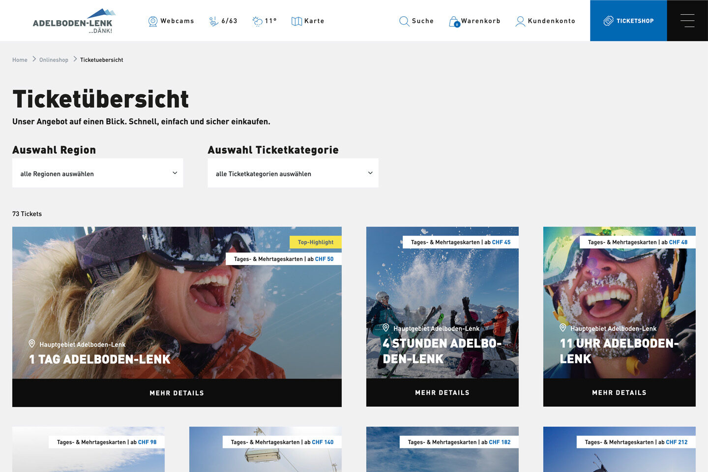 Ticketübersicht der neuen Website des Skigebietes Adelboden-Lenk