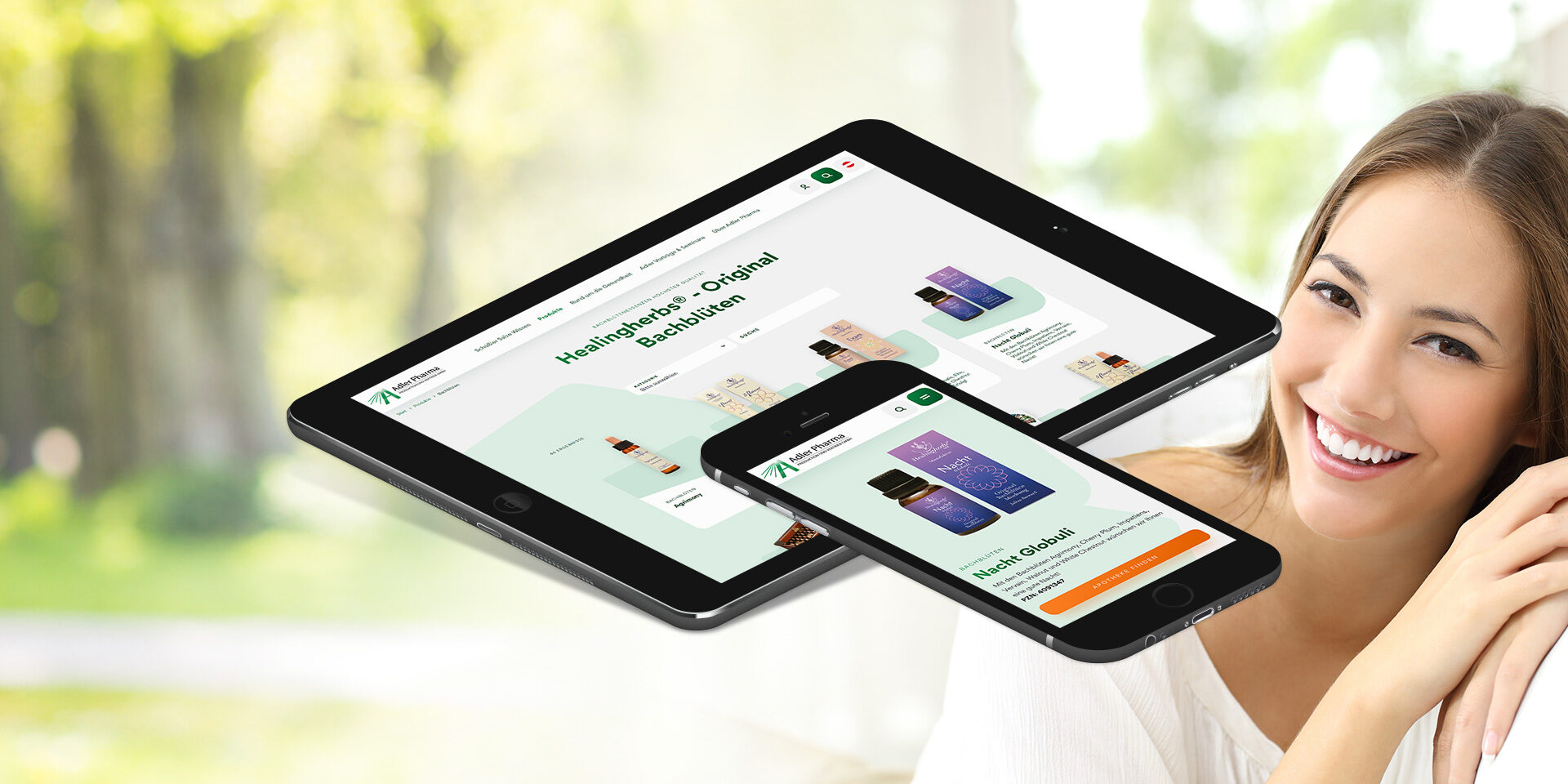 Mockup der neuen Website von Adler Pharma. Dargestellt auf einem Smartphone-Bildschirmen und einem Tablet.