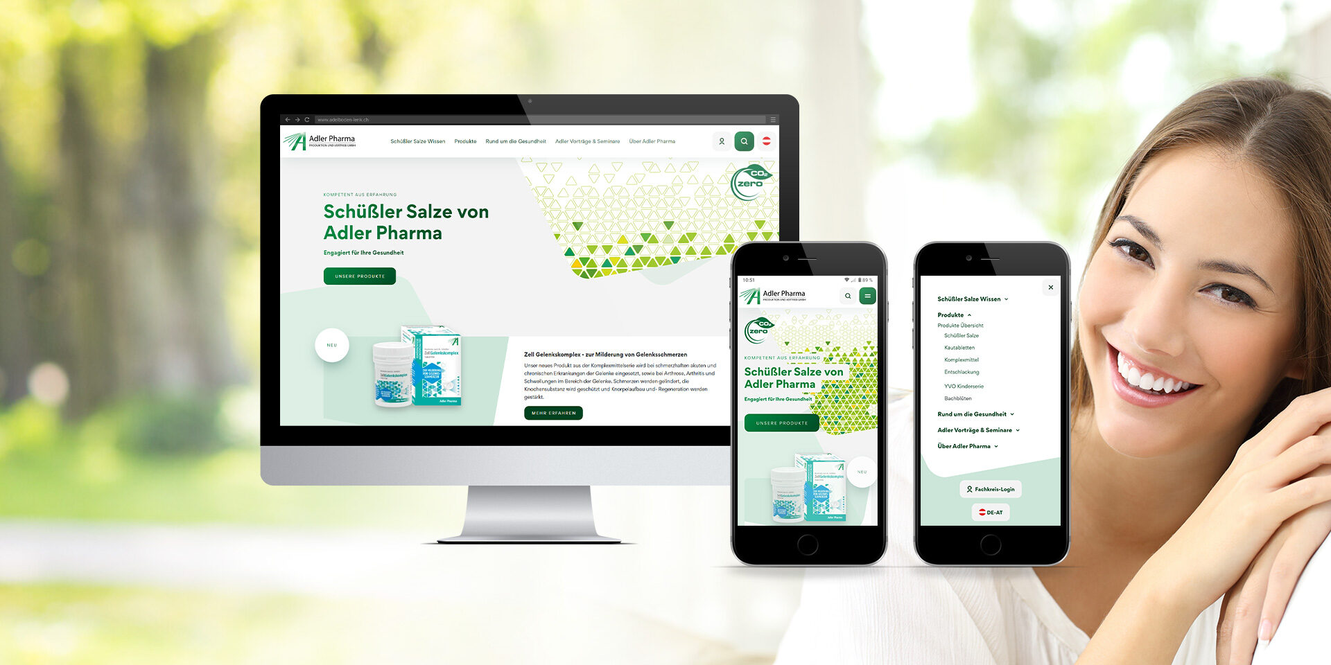 Mockup der neuen Website von Adler Pharma. Dargestellt auf einem PC-Bildschirm und zwei Smartphone-Bildschirmen.