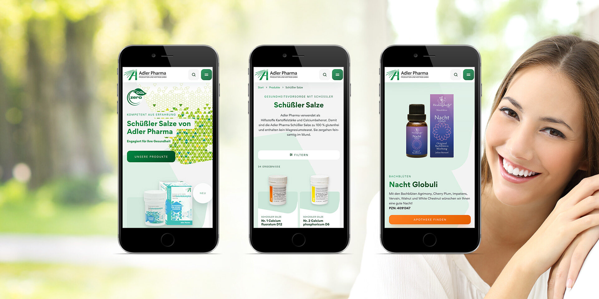 Mockup der neuen Website von Adler Pharma. Dargestellt auf drei Smartphone-Bildschirmen.