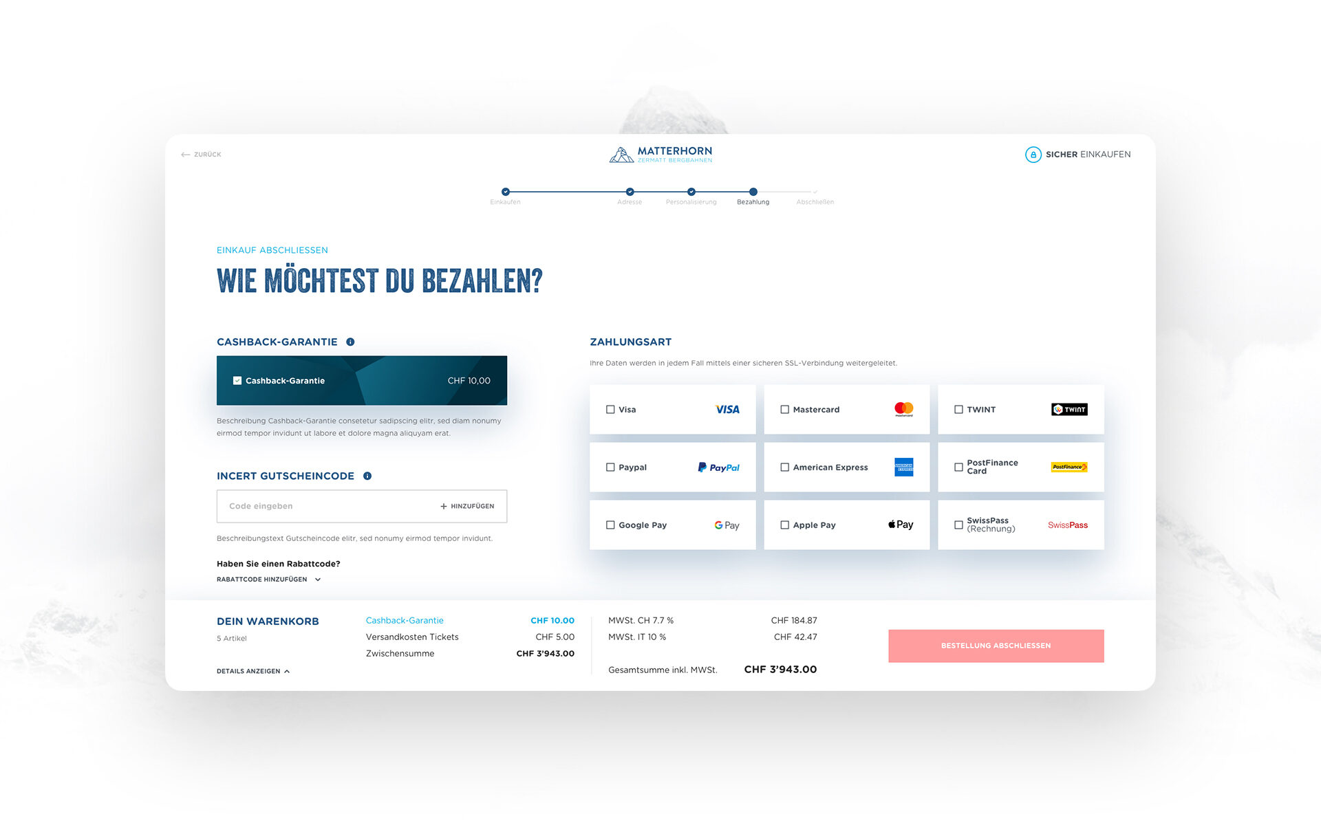 Screenshot der Ticketkonfiguration von Zermatt Bergbahnen AG