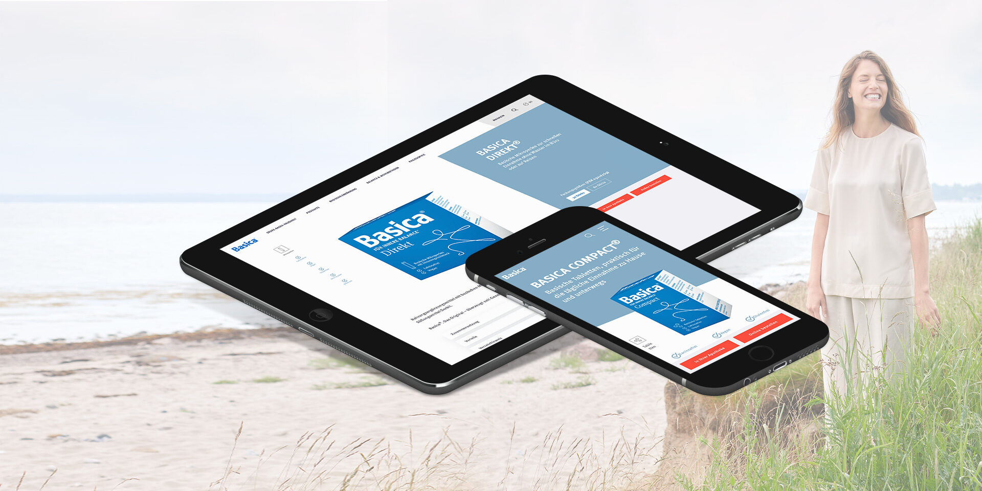 Mockup von der neuen Basica-Website, dargestellt auf einem Tablet und einem Smartphone.