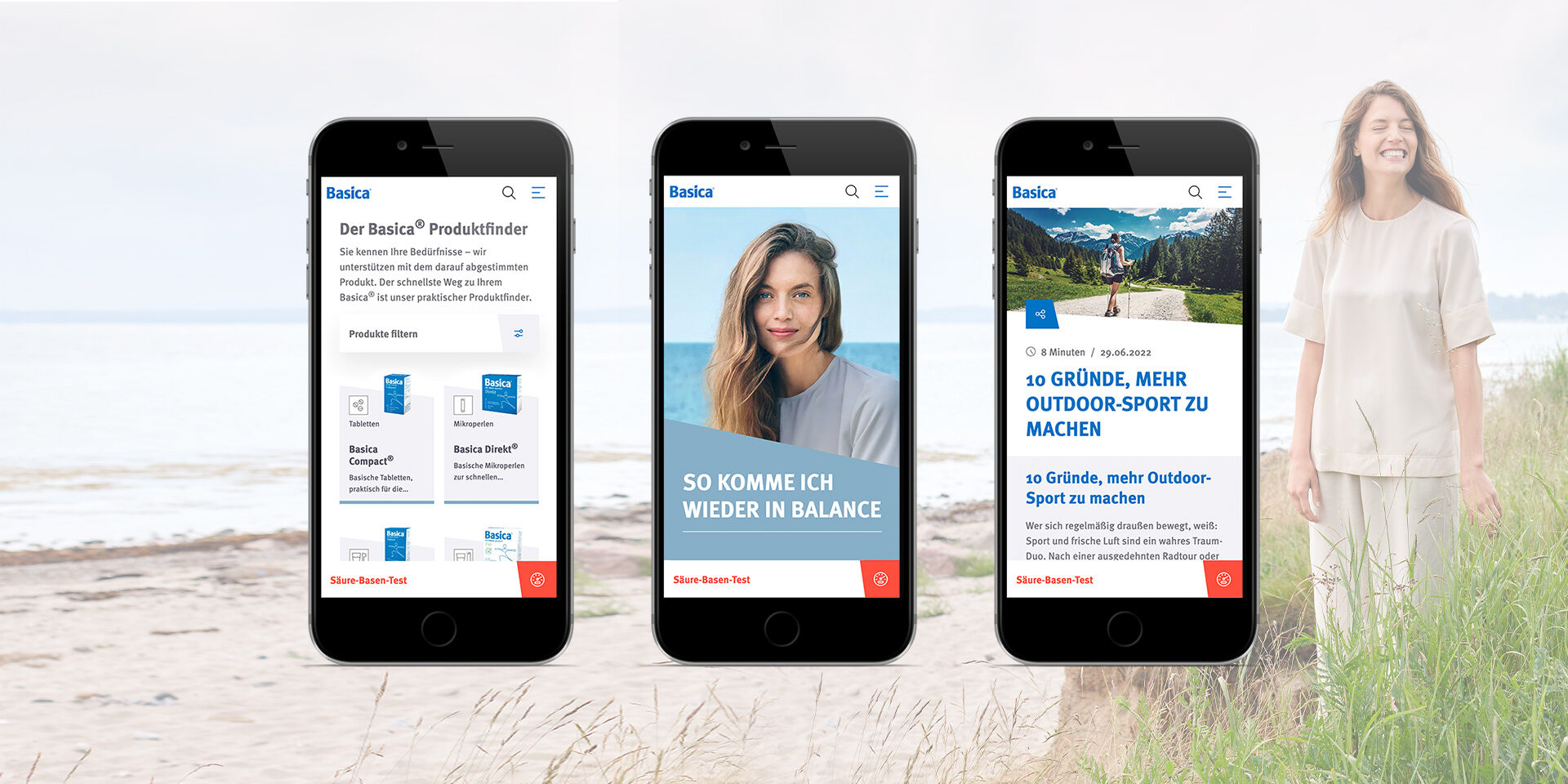 Mockup von der neuen Basica-Website, dargestellt auf drei Smartphones.