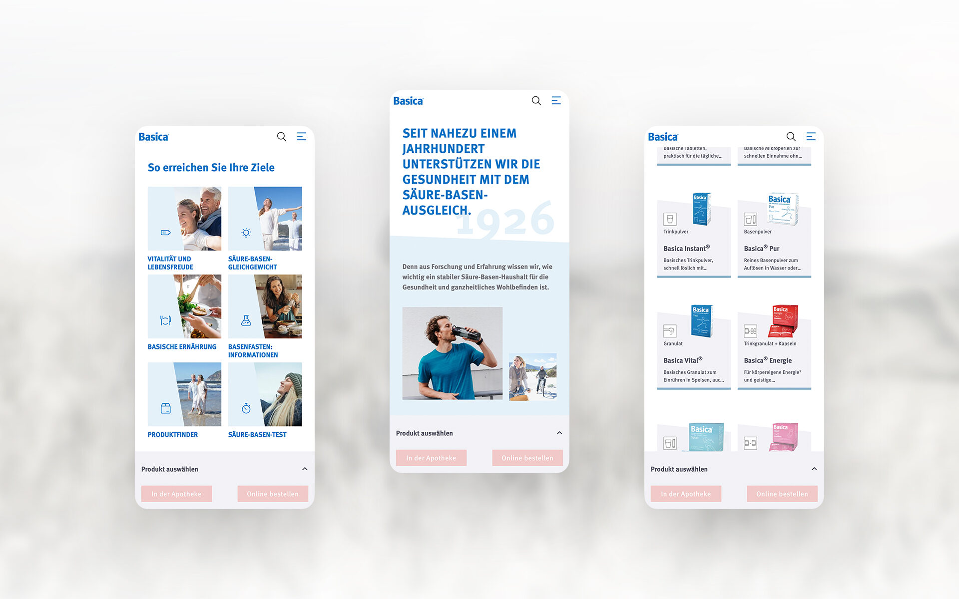 Mockup von der neuen Basica-Website, dargestellt auf drei Smartphones.