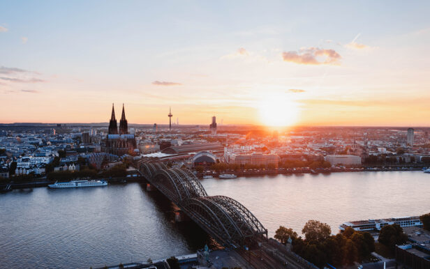 Aerial view of Cologne during sunset
