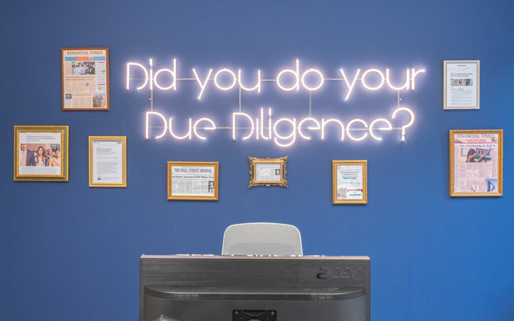 "Did you do your due diligence" neon sign at the valantic office Cologne city center