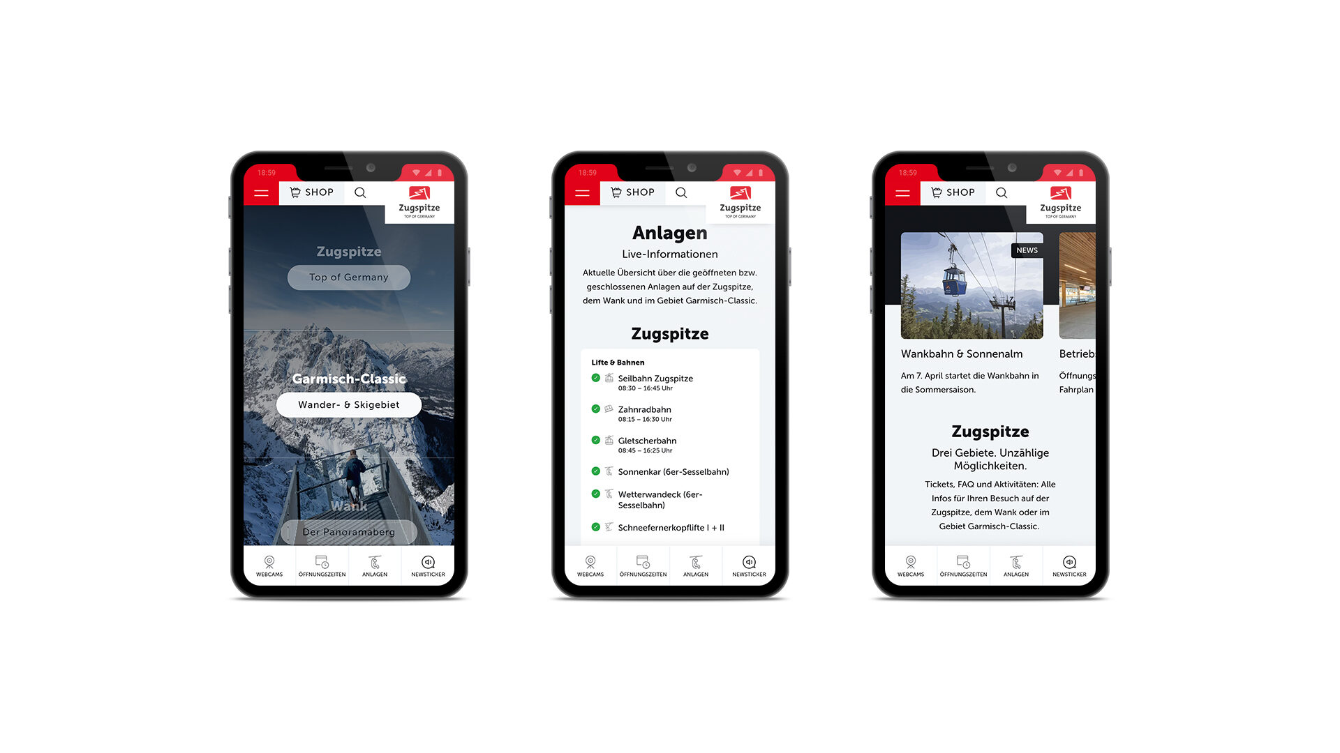 Mockup von der neuen Website der Bayerischen Zugspitzbahn Bergbahn AG. Dargestellt auf drei Smartphones.
