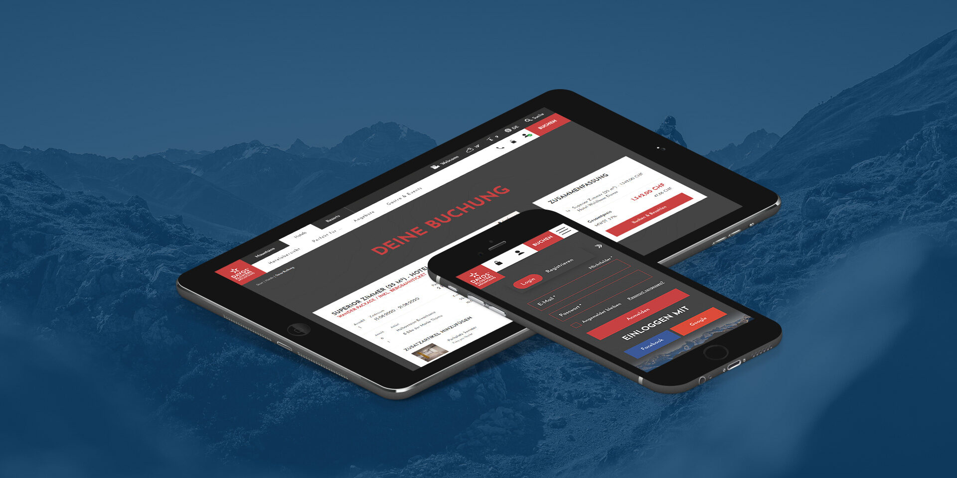 Mockup der neuen Website von Davos Klosters Mountains, dargestellt auf einem Tablet und einem Smartphone.