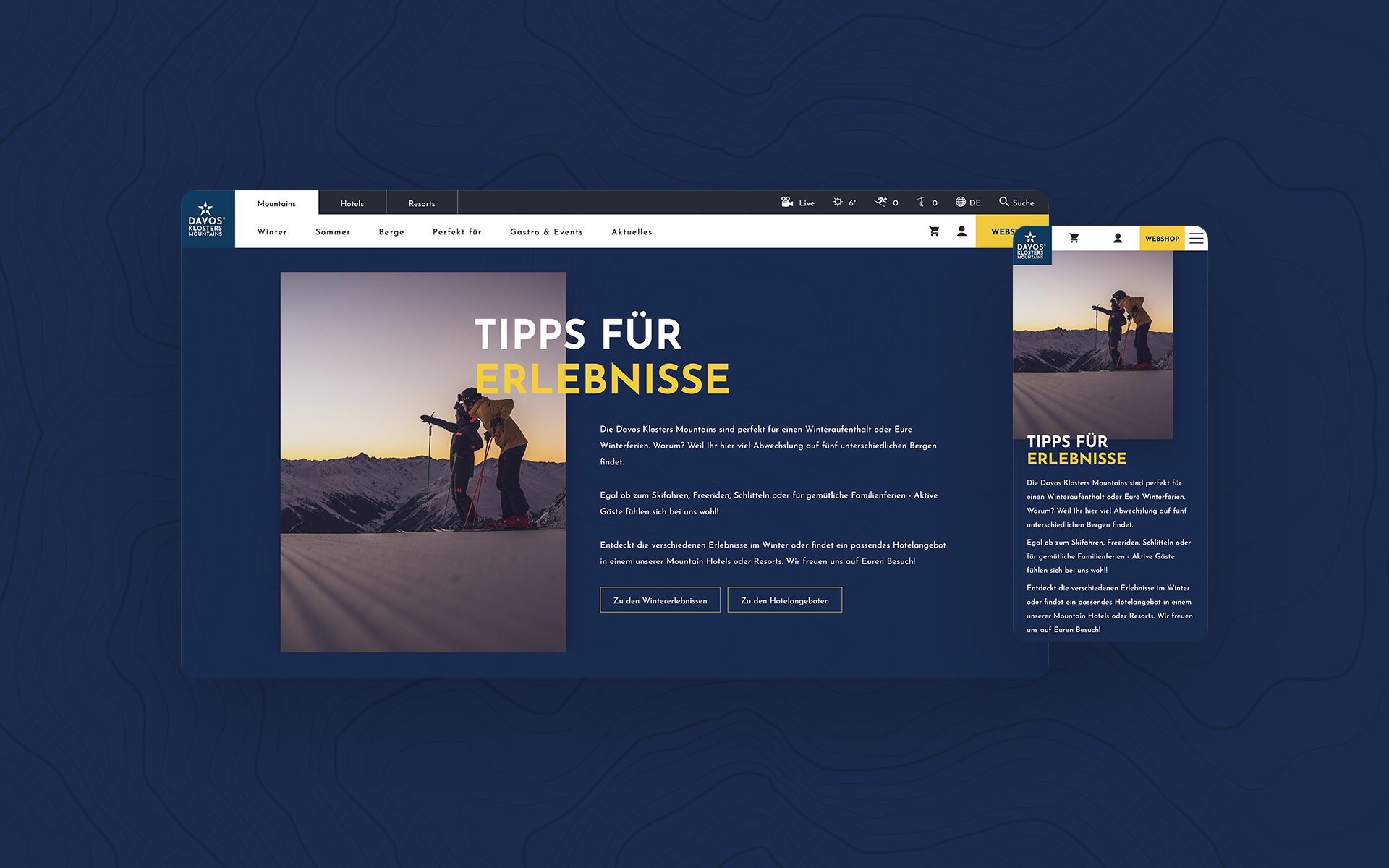Mockup der neuen Website von Davos Klosters Mountains, dargestellt auf einem Tablet und einem Smartphone.