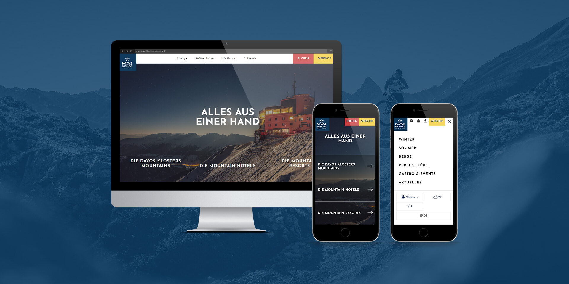 Mockup der neuen Website von Davos Klosters Mountains, dargestellt auf einem PC-Bildschirm und 2 Smartphones.