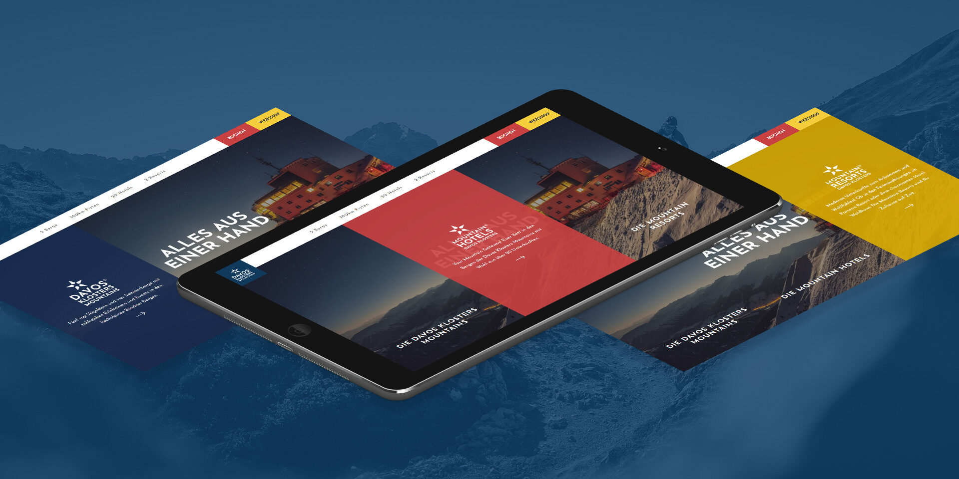 Mockup der neuen Website von Davos Klosters Mountains, dargestellt auf einem Tablet.