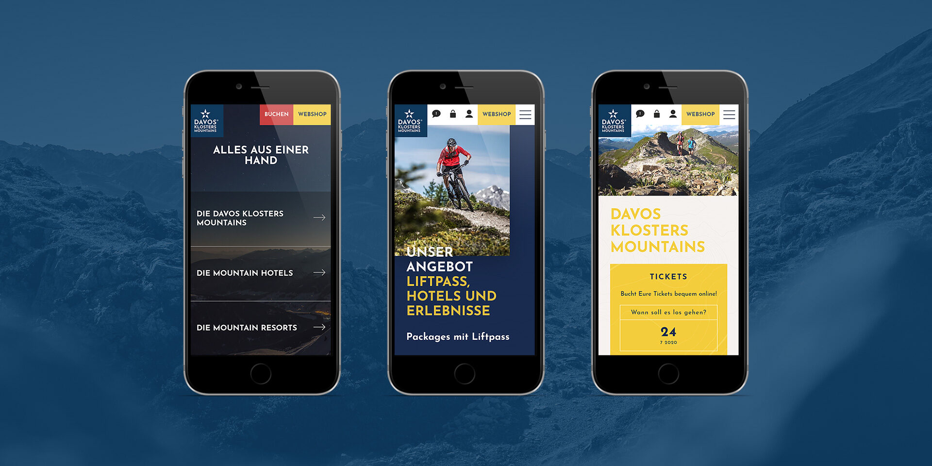 Mockup der neuen Website von Davos Klosters Mountains, dargestellt auf 3 Smartphones.