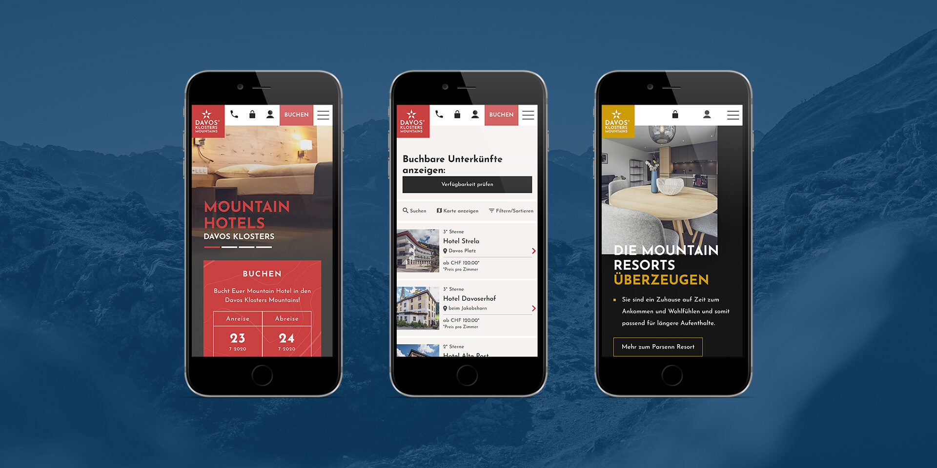Mockup der neuen Website von Davos Klosters Mountains, dargestellt auf 3 Smartphones.