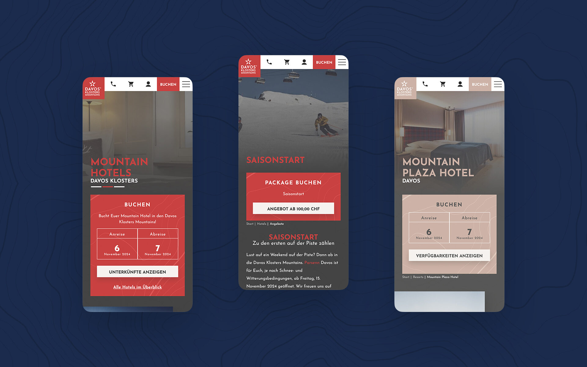 Mockup der neuen Website von Davos Klosters Mountains, dargestellt auf 3 Smartphones.