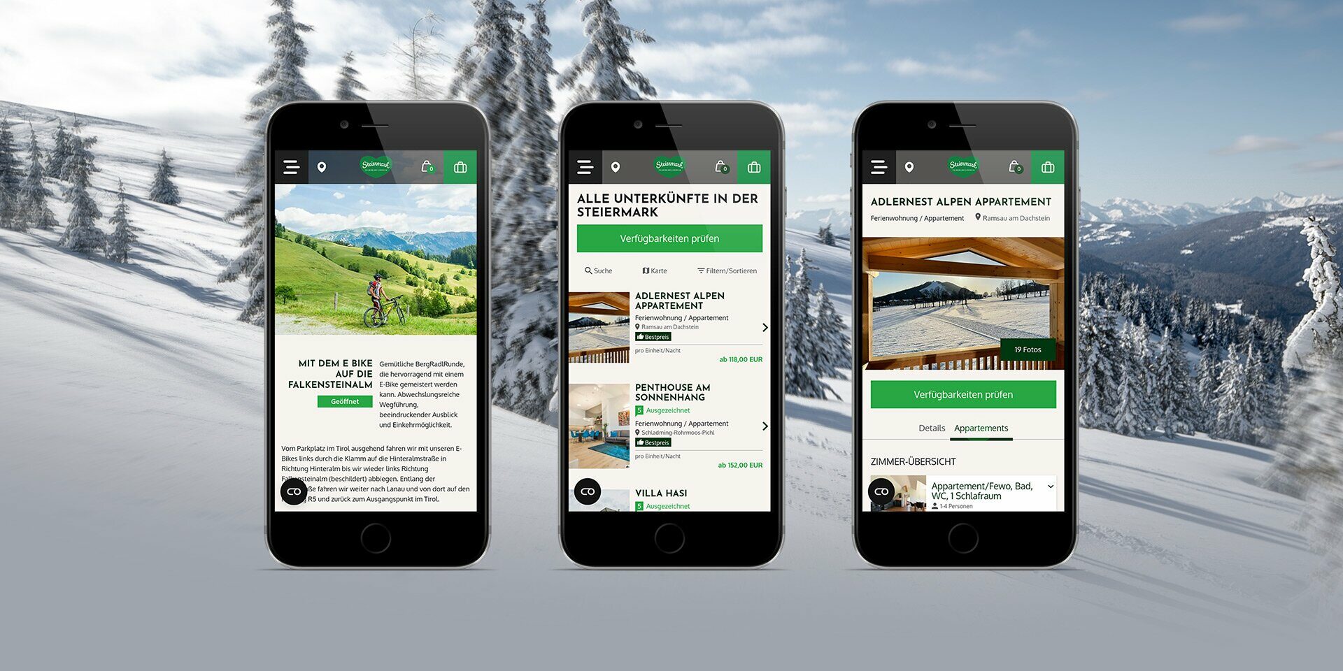 Screenshots der neuen Steiermark-Website auf drei Smartphone-Bildschirmen