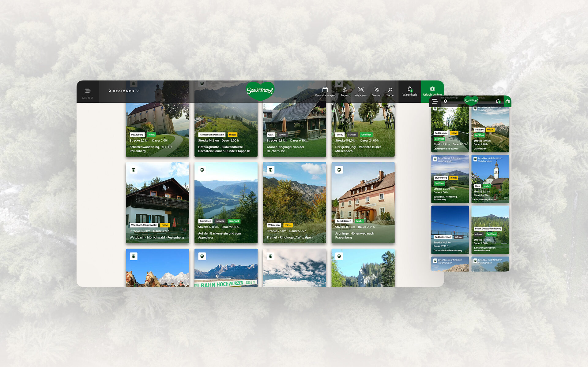 Screenshots der neuen Steiermark-Website auf drei Smartphone-Bildschirmen